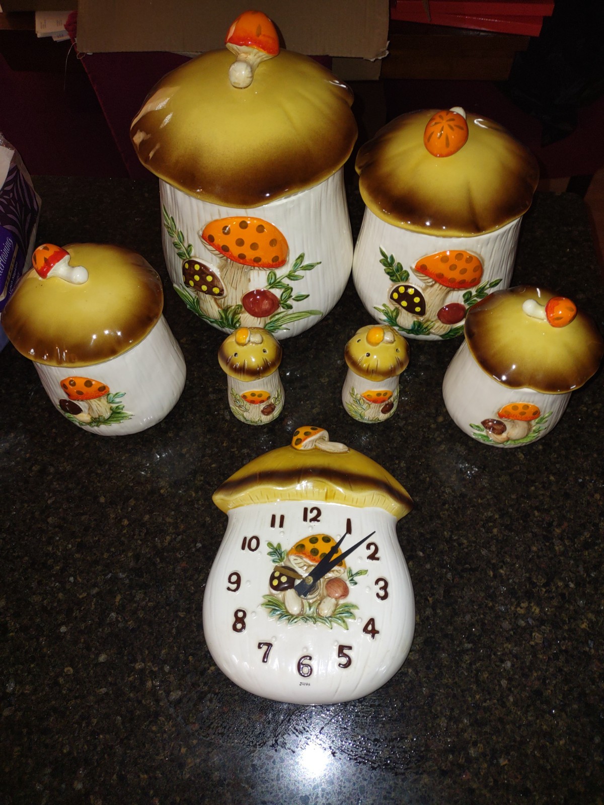 Sears & Roebuck Merry Mushroom Canisters, Clock, Salt/Pepper Shakers 1976 Japan Sears & Roebuck Merry Mushroom Canisters, Clock, Salt/Pepper Shakers 1976 Japan
