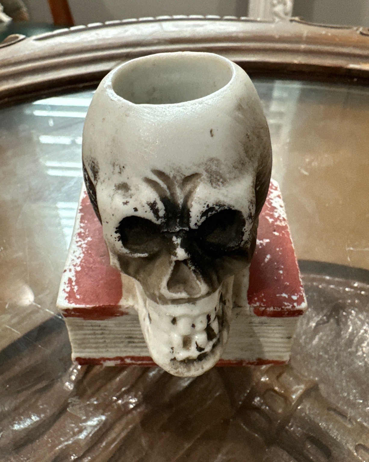 Vintage 1930s Bisque Skull on Book Match Holder Japan Halloween Macabre 2.7”