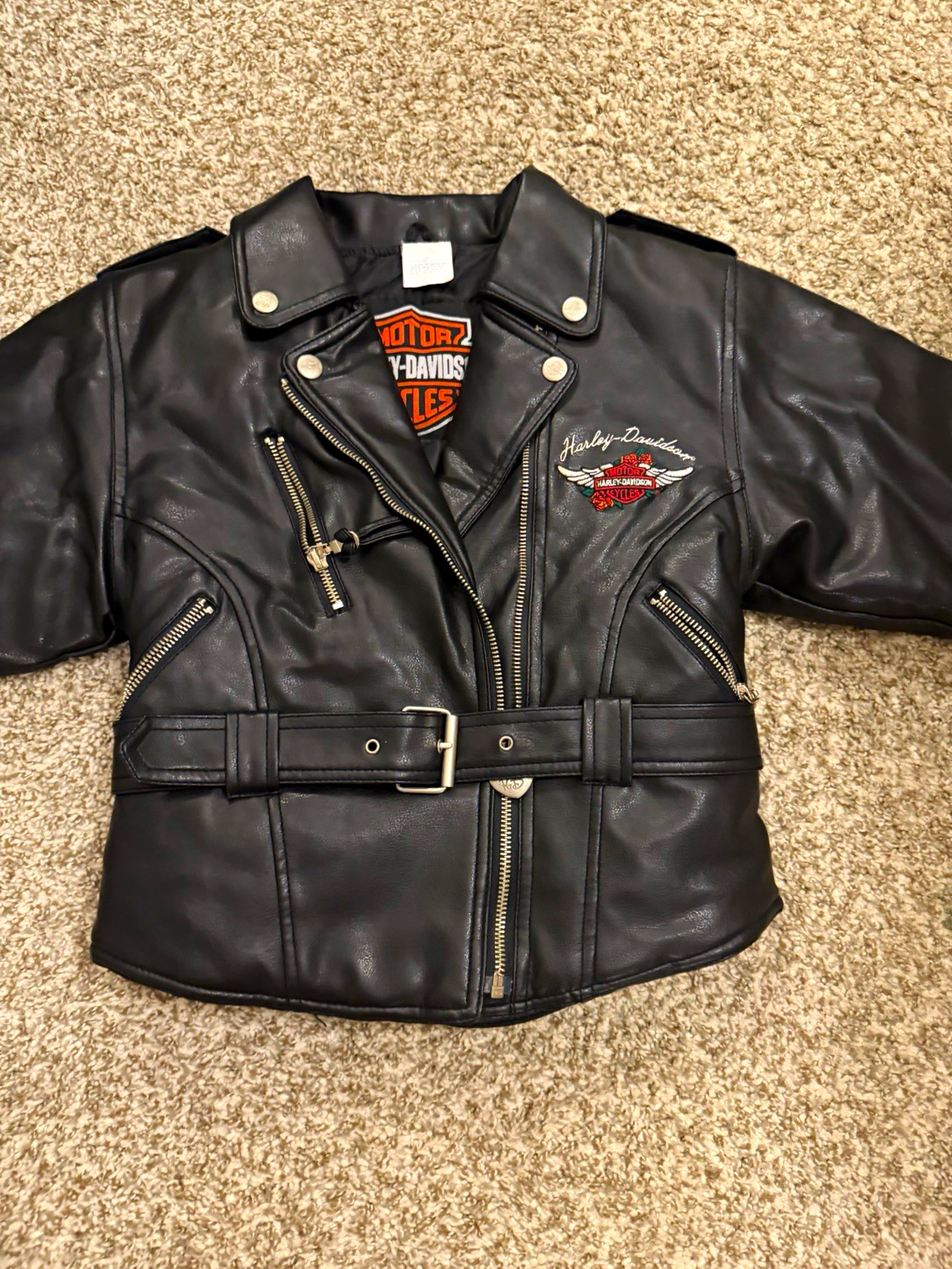 Harley-Davidson Kids Leather Biker Jacket Black Size 6 Belted Zip Rose Emb