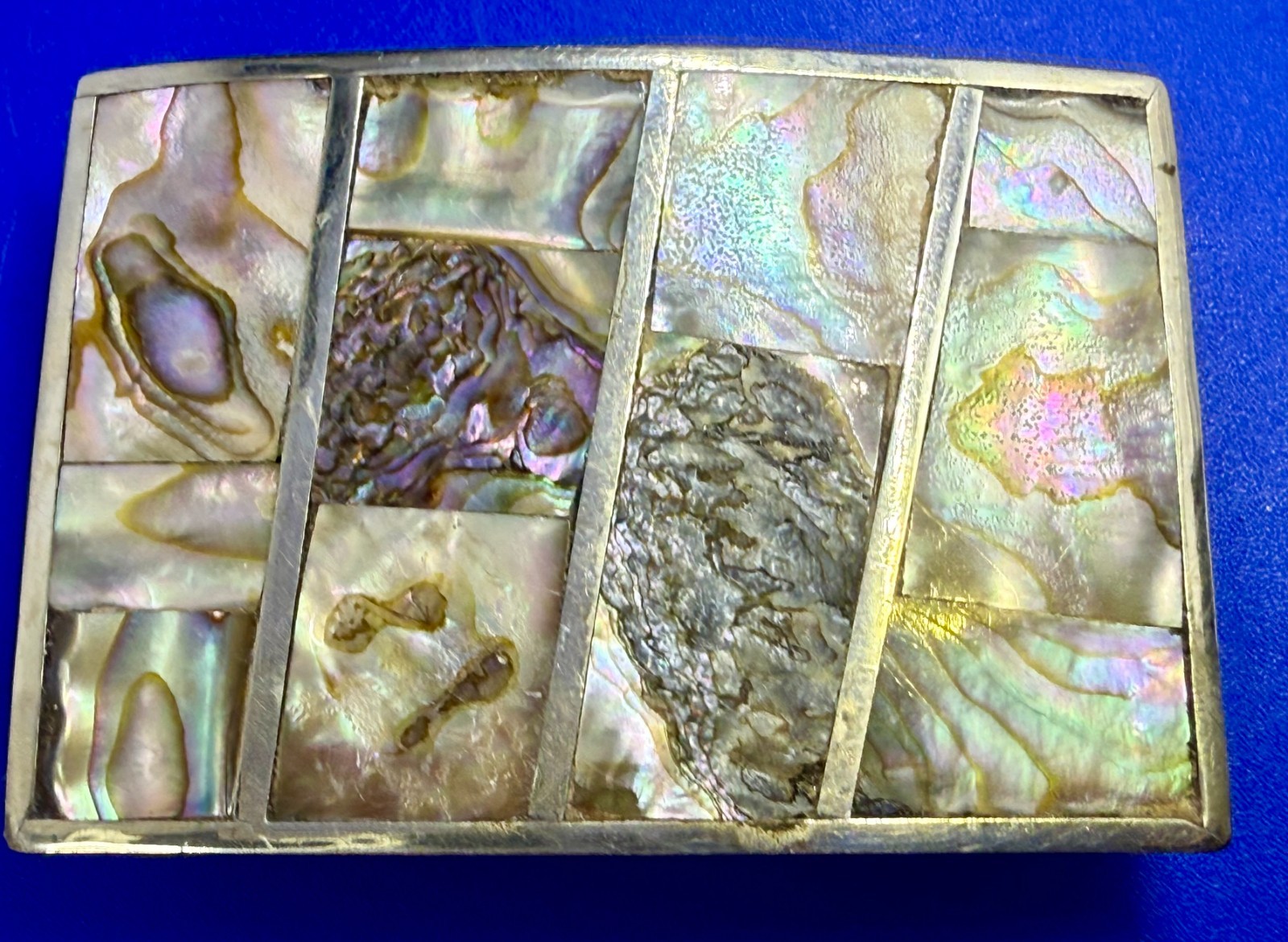 Abalone Shell Mother Of Pearl Inlaid Rectangular Belt Buckle Mexico Made