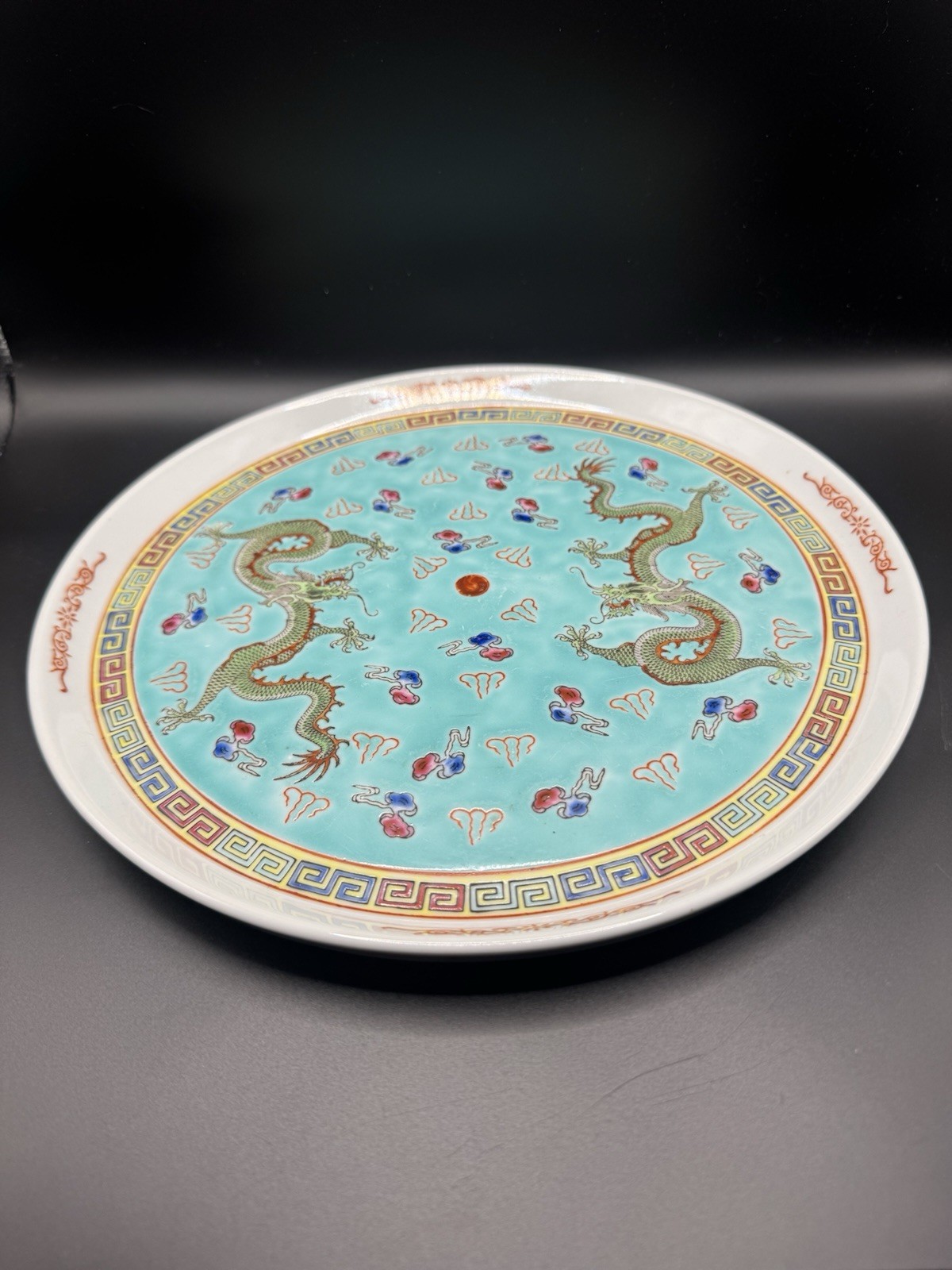 10.5” Vtg Turquoise Zhongguo Jingdezhen Turquoise Porcelain Tea Tray Light Blue