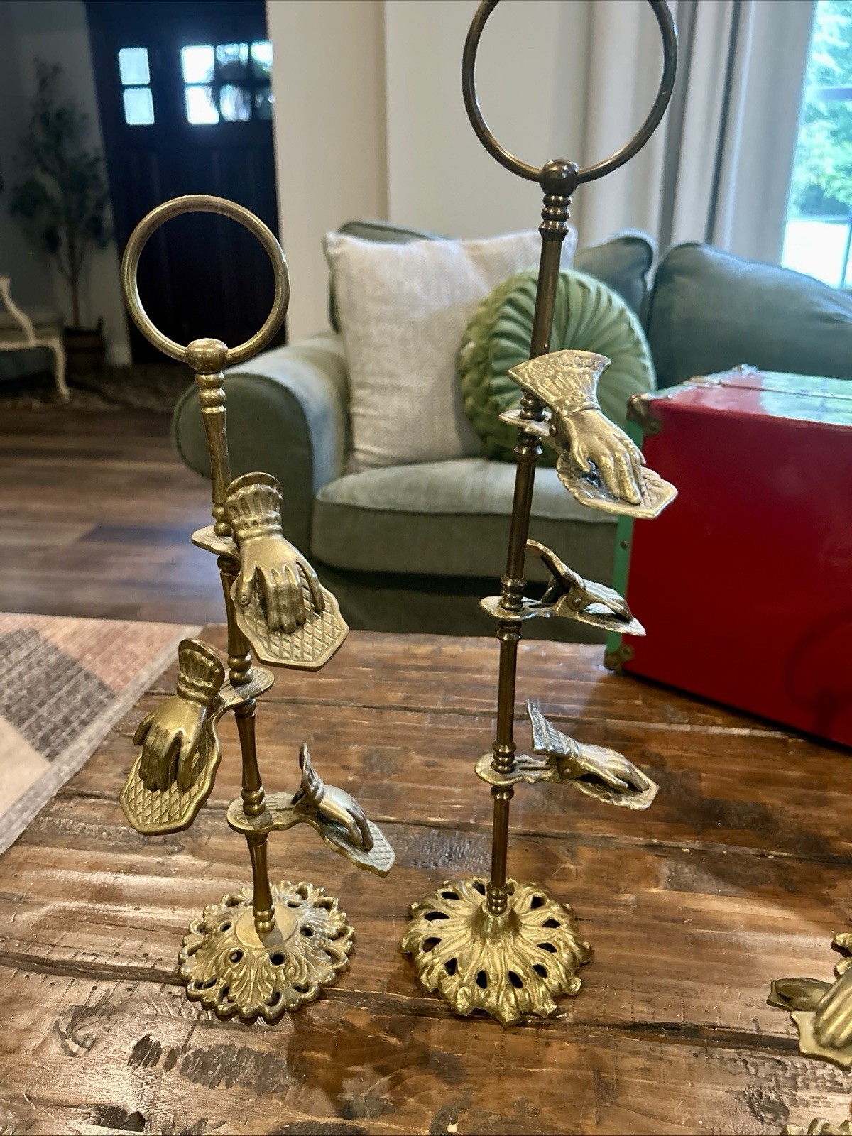 TWO VTG Brass Hand Clip Stand…Glove, Letter, Picture Holder 15” & 18”