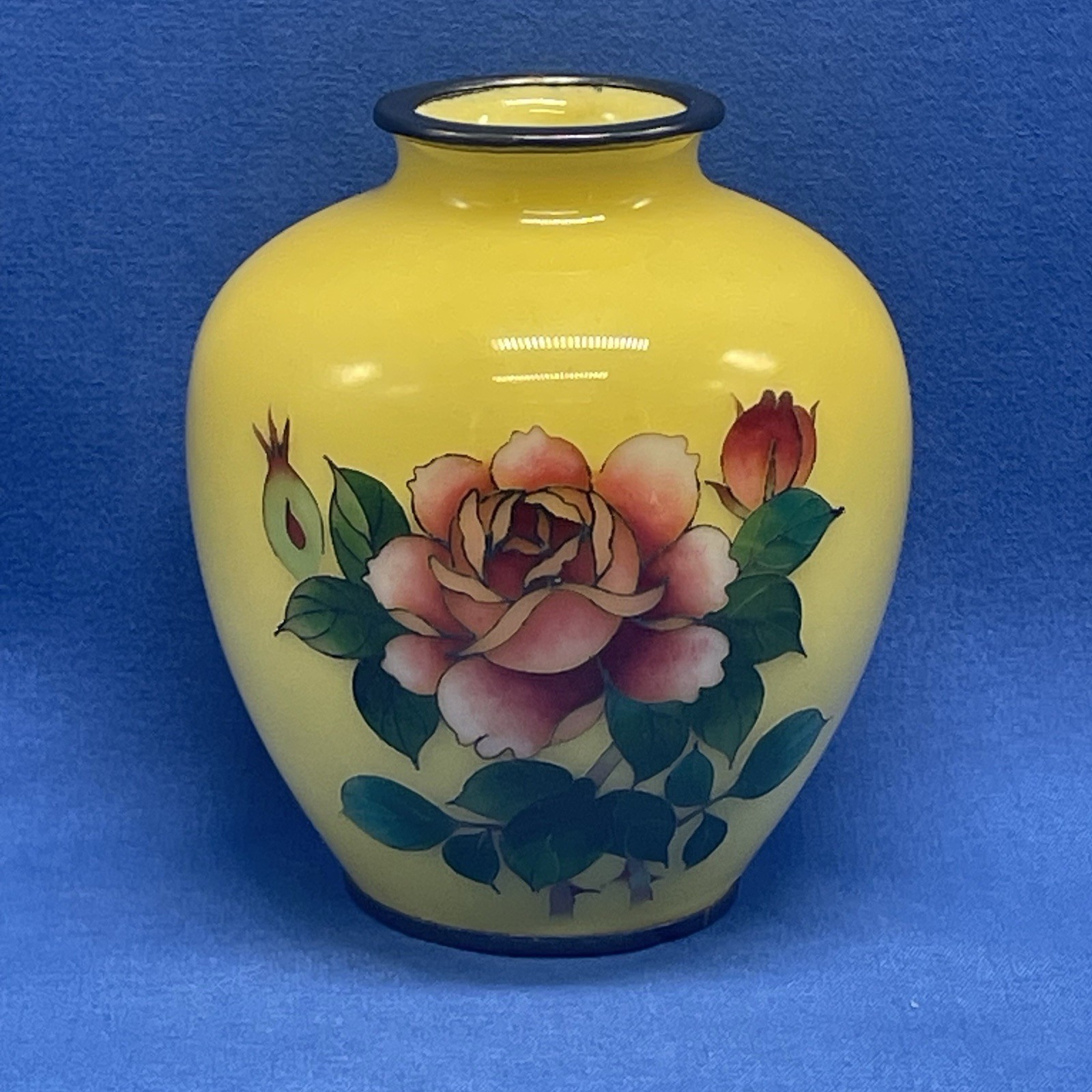 Vintage Enamel 1940’s Japanese Yellow Floral Cloisonné Small Vase 3.75”