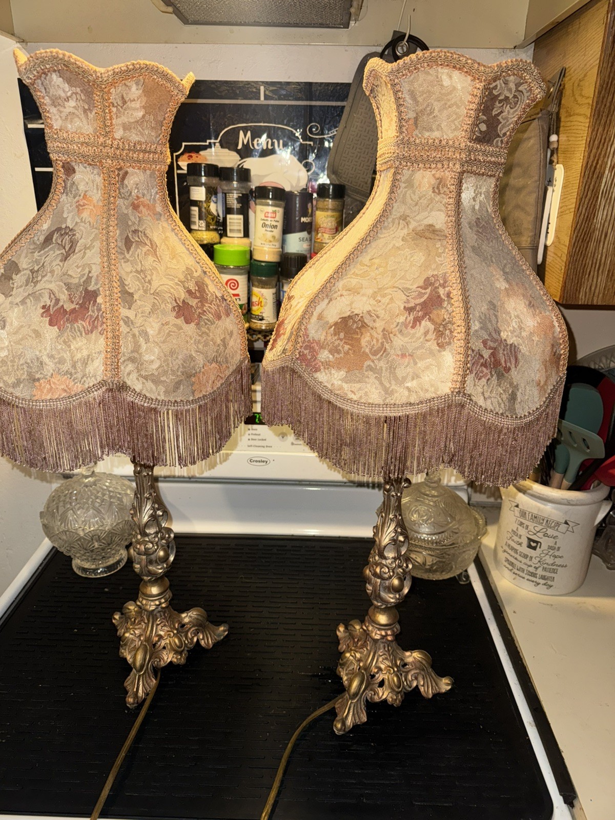 2 Vintage Metal Rose Gold Boudoir Lamps  Victorian Revival Fringed Shades 28 In