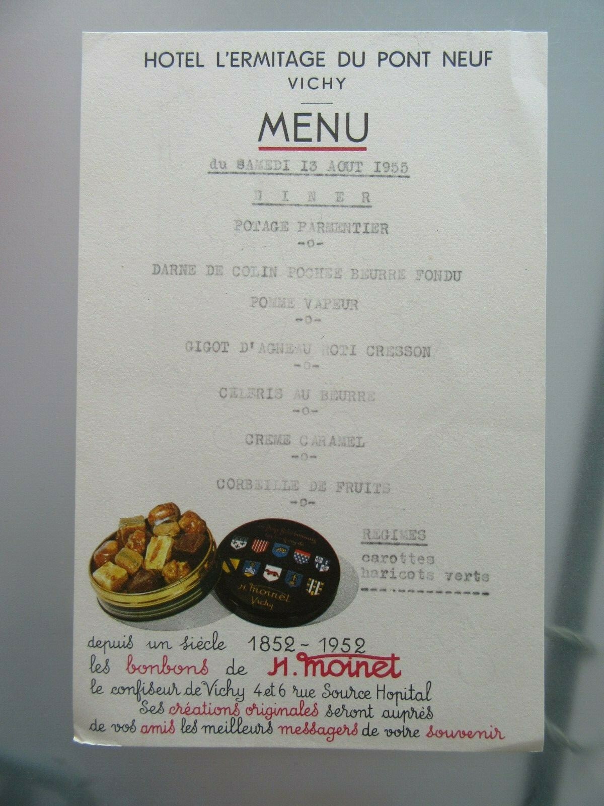 RESTAURANT MENU August 1955 VICHY HOTEL L\'ERMITAGE DU PONT NEW