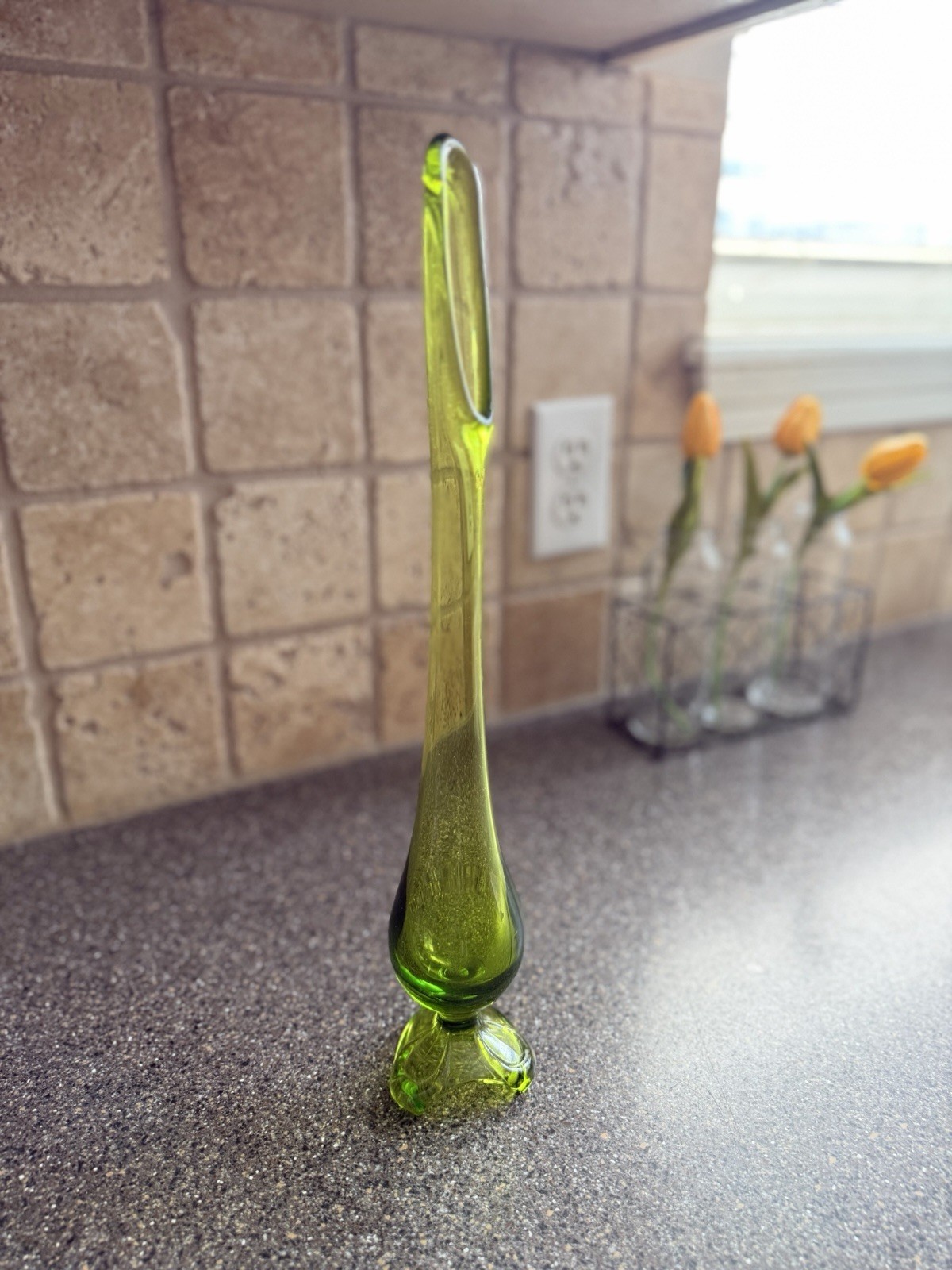 Vintage Avocado Green Swung Glass Vase 14” 3 Toe Footed MCM Art Glass