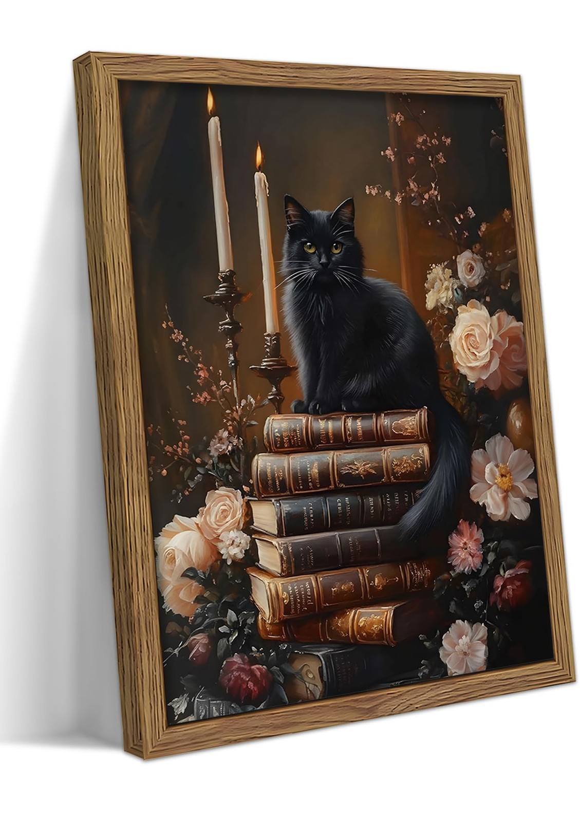 Victorian Black Cat Floral Antique Book Wildflower Wall Art Dark Wooden Frame