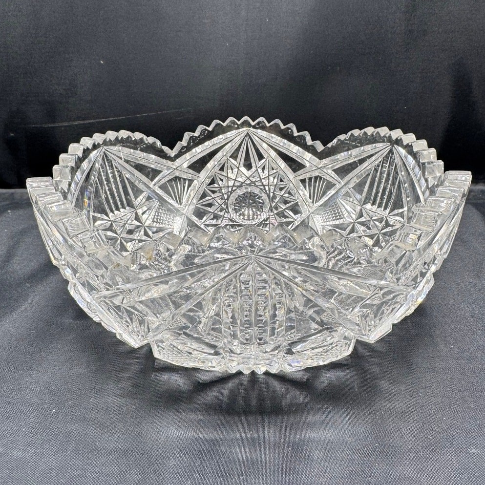 Antique American Brilliant Period Cut Glass Bowl Hobstar Starburst 10”