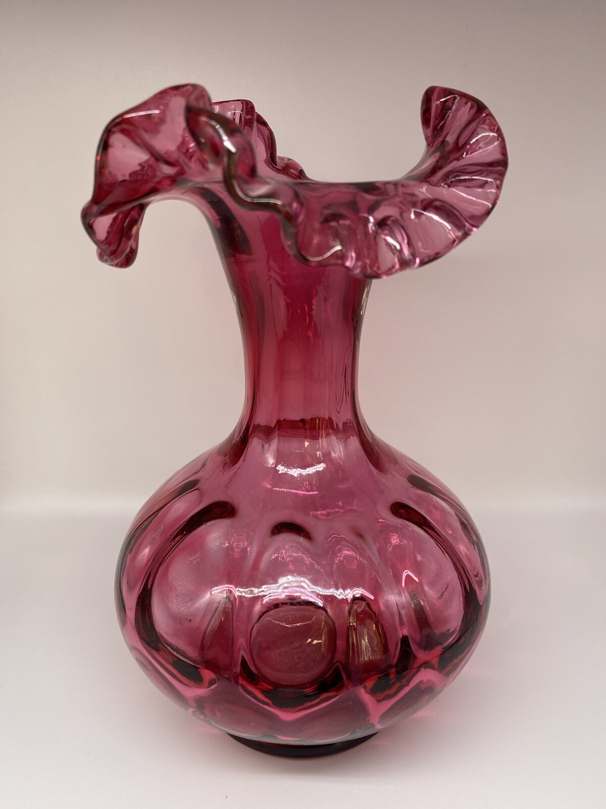 Vintage FENTON Art Glass Cranberry/Pink Ruffled Vase 8.5”H
