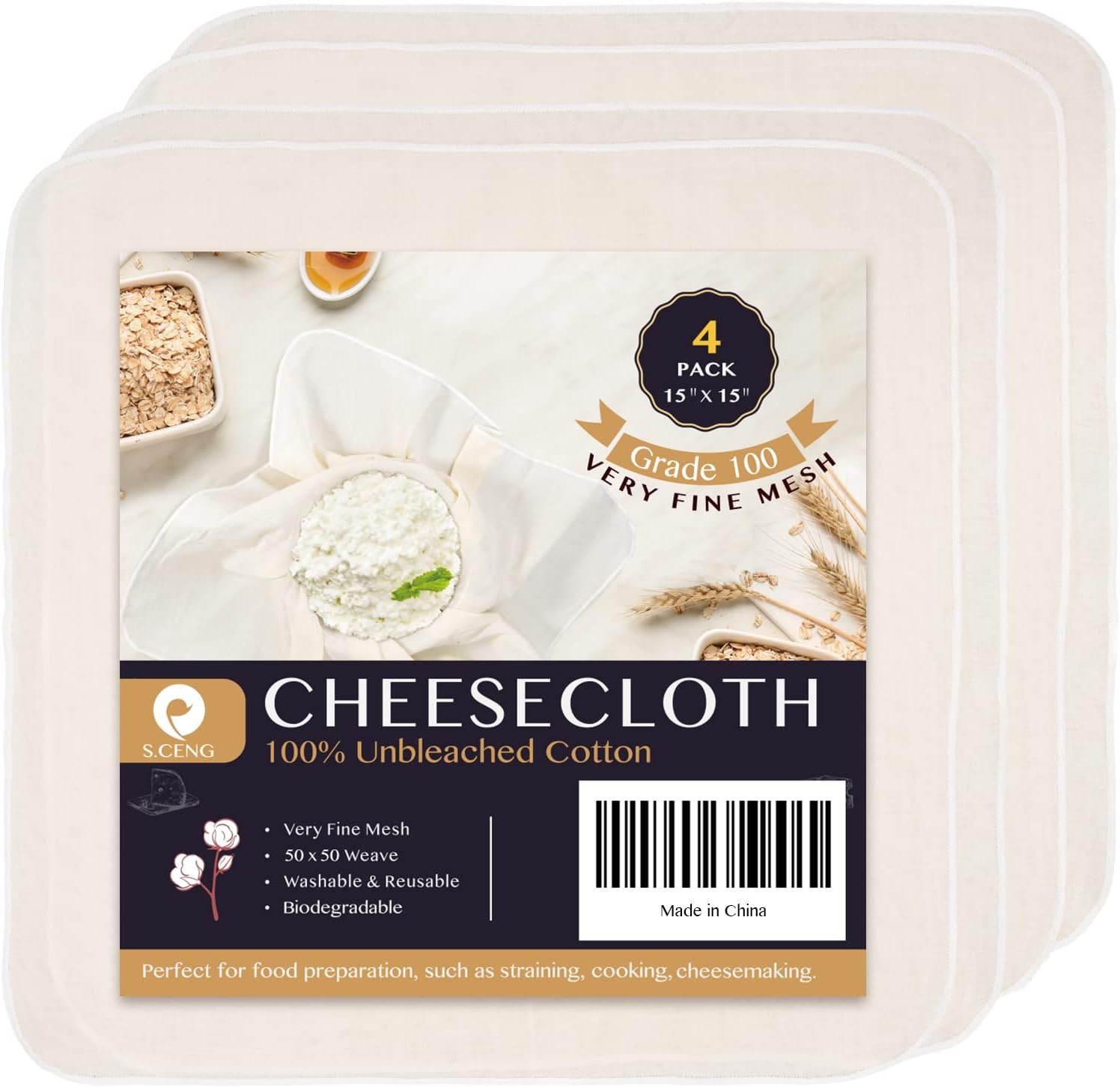 Precut Cheesecloth, 15 X 15'' 4 Pack, Grade 100, Ultra Fine Cheese Cloth for Str