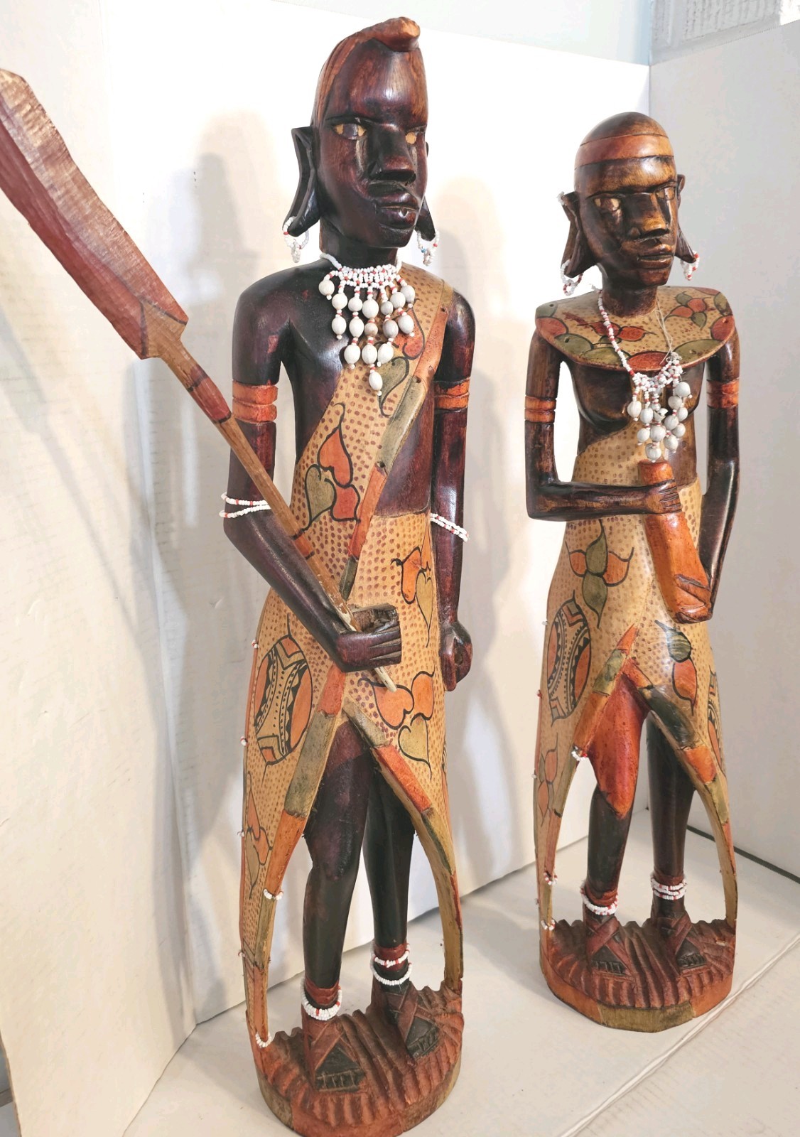 Vintage Carved Wooden Figurines Representing Kenyan Maasai Warriors 2ft. Tall