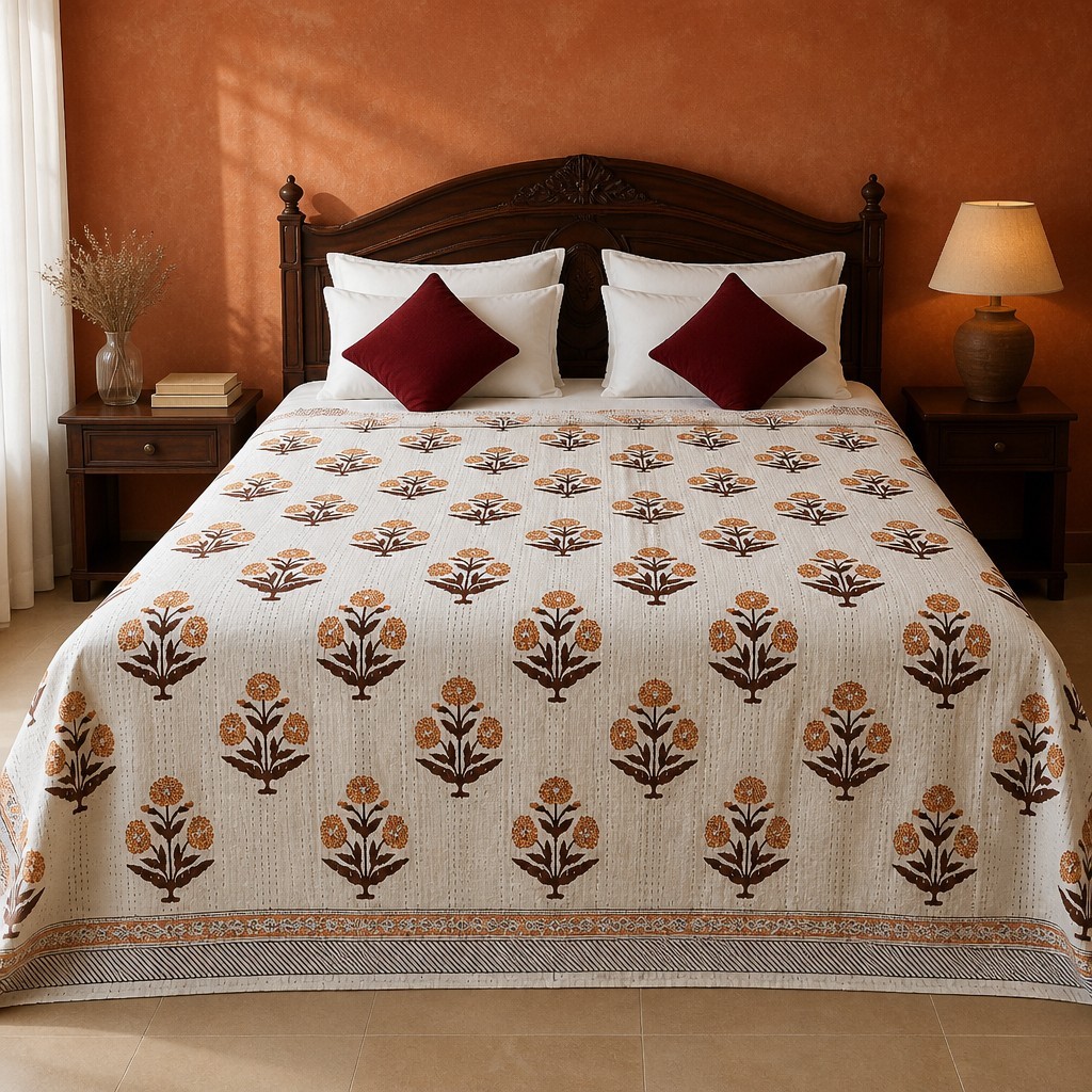 Indian Handmade Kantha Quilt | Block Print Bedspread | Cotton Floral Bedcover 