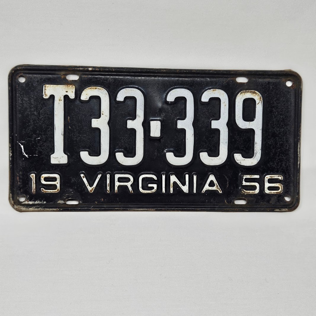 Vintage 1956 VA License Plate T33-339 Genuine Virginia Automotive Black White