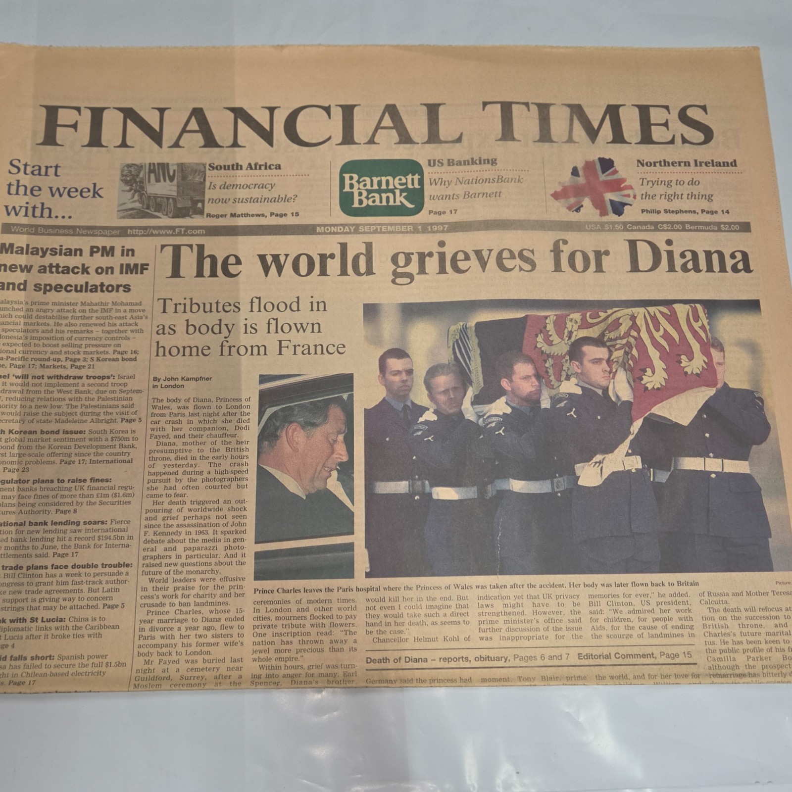 Financial Times September 1 1997 Princess Diana Memorial Front Page Newspaper
