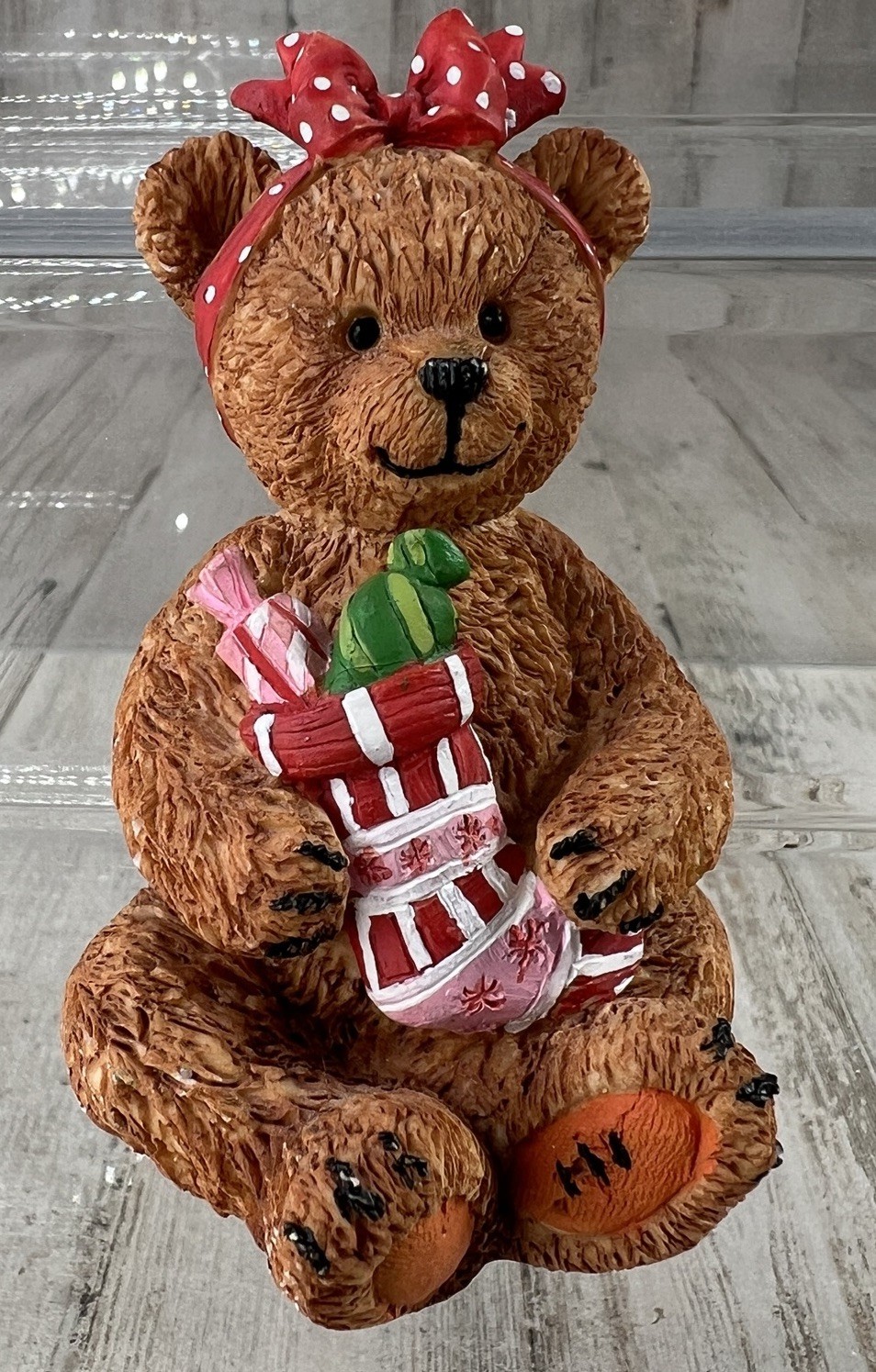 Vintage Teddy Bear Christmas Figurine Statue Decoration Girl With Stocking 3\