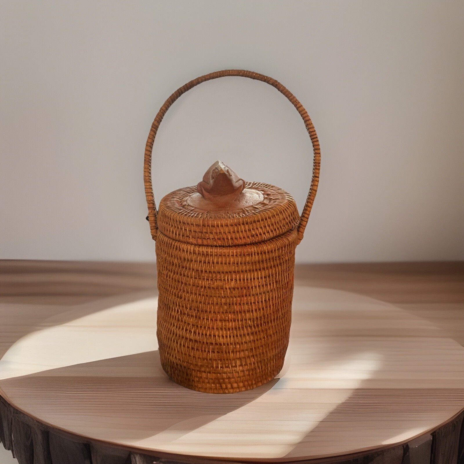 Collectible vintage Lombok Island frog basket with a carved wooden frog finial.