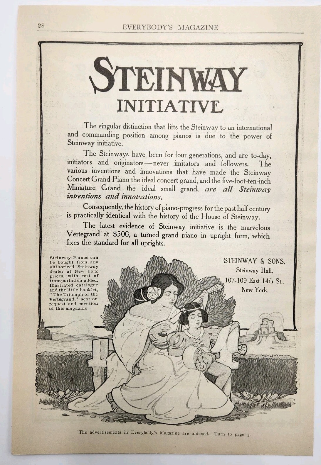 1907 Steinway Piano Original Vintage Print Ad Art New York NY