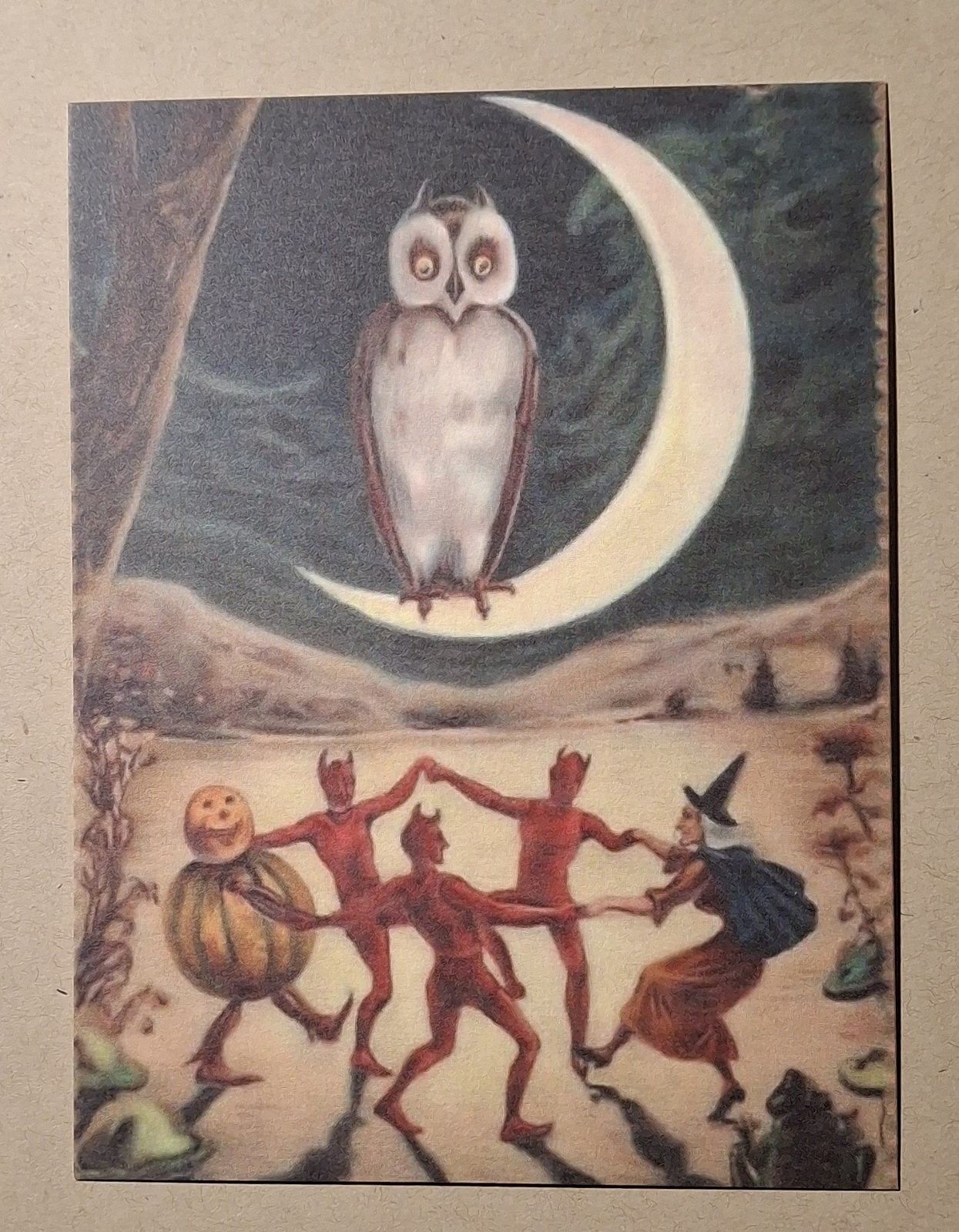 *HALLOWEEN* Vintage Reproduced Image Postcard: Witch & Demons Dance, Owl On Moon *HALLOWEEN* Vintage Reproduced Image Postcard: Witch & Demons Dance, Owl On Moon