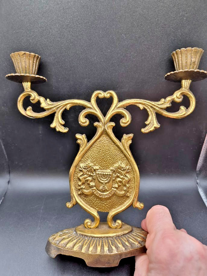 Vintage Dual-Sided Israeli Cast Brass 2-Arm Shabbat Candelabra by Chen Holon VGC