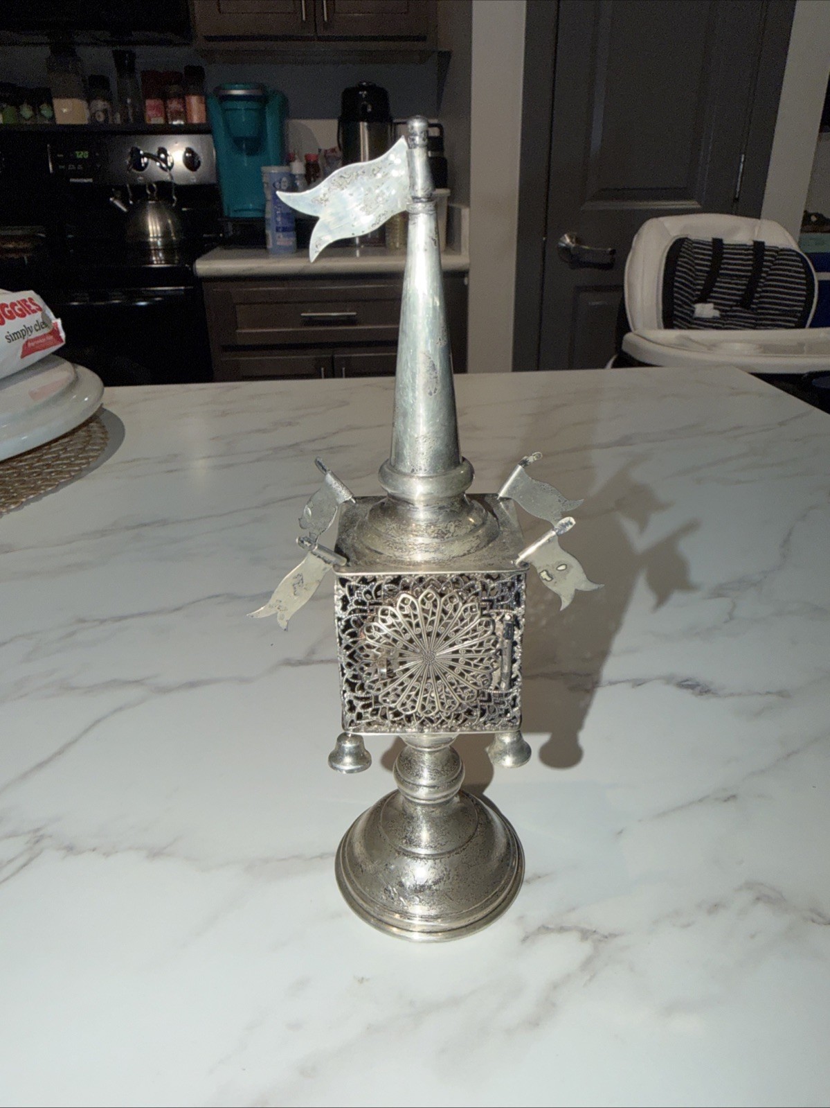 Antique Esco Sterling Silver Besamim HAVDALAH Spice Tower Box 5 Flags 4 Bells 8”