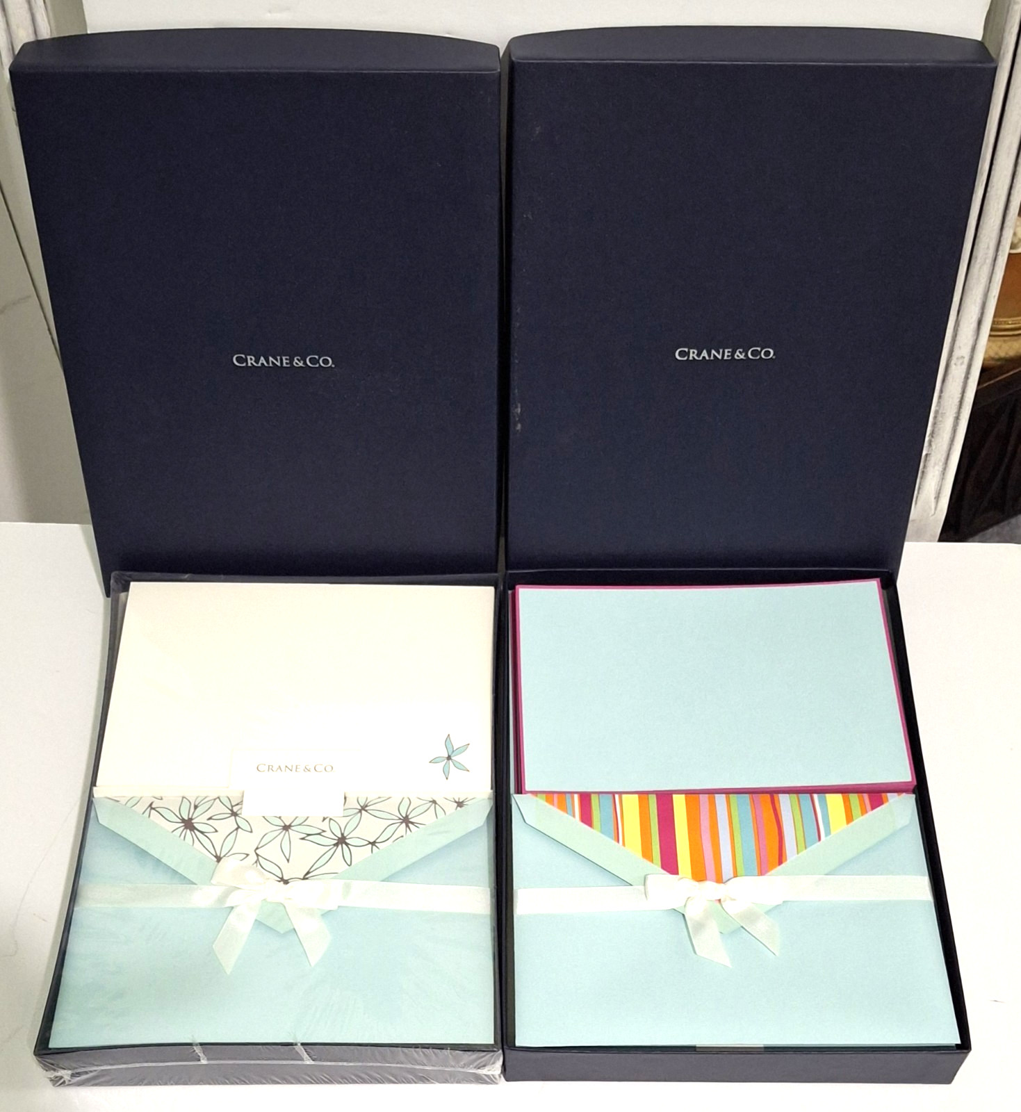 Crane & Co. 25 Note Cards & Envelopes Floral & Stripes 2 Boxes Crane & Co. 25 Note Cards & Envelopes Floral & Stripes 2 Boxes
