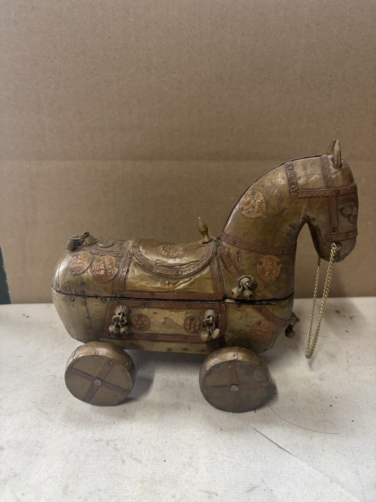 Vintage Rajasthani Horse Box On Wheels India Wood Brass Copper Trojan Folk Art