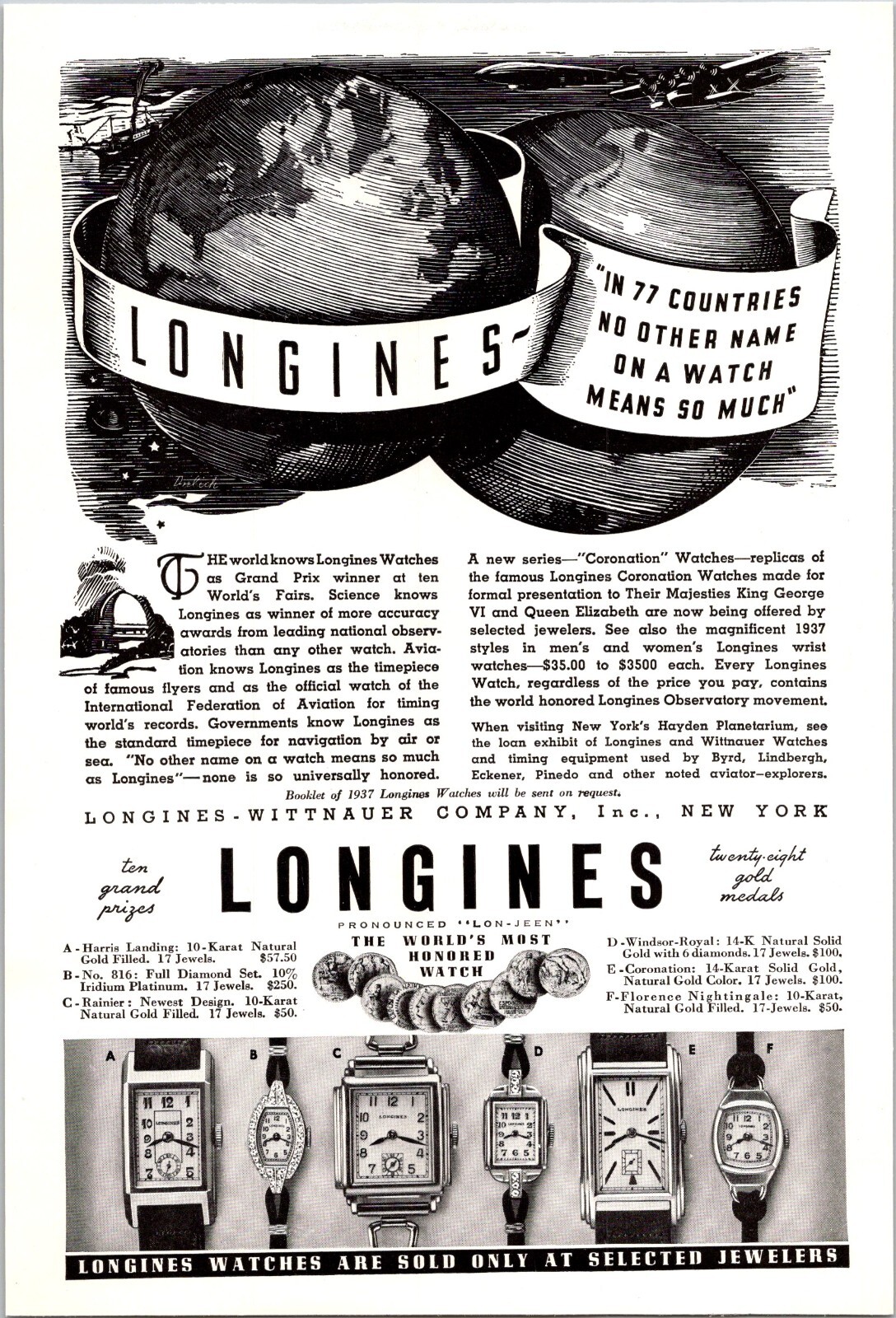 PRINT AD 1937 Longines Watches 77 Countries 6 x 9