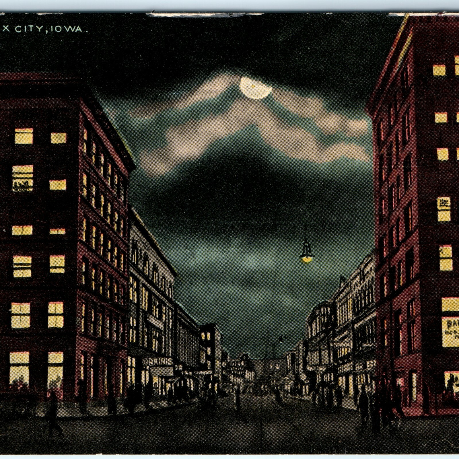 c1910s Sioux City, IA Fourth Street Postcard Night Moonlit Main St Downtown