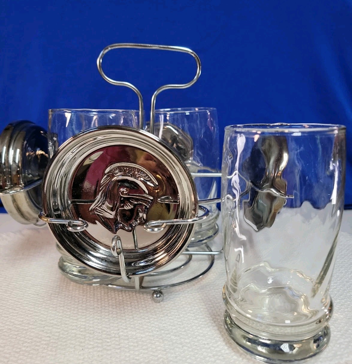 Vintage Kimiko Bar Set 4 Glasses Silver Coasters In Caddy Knight Shield