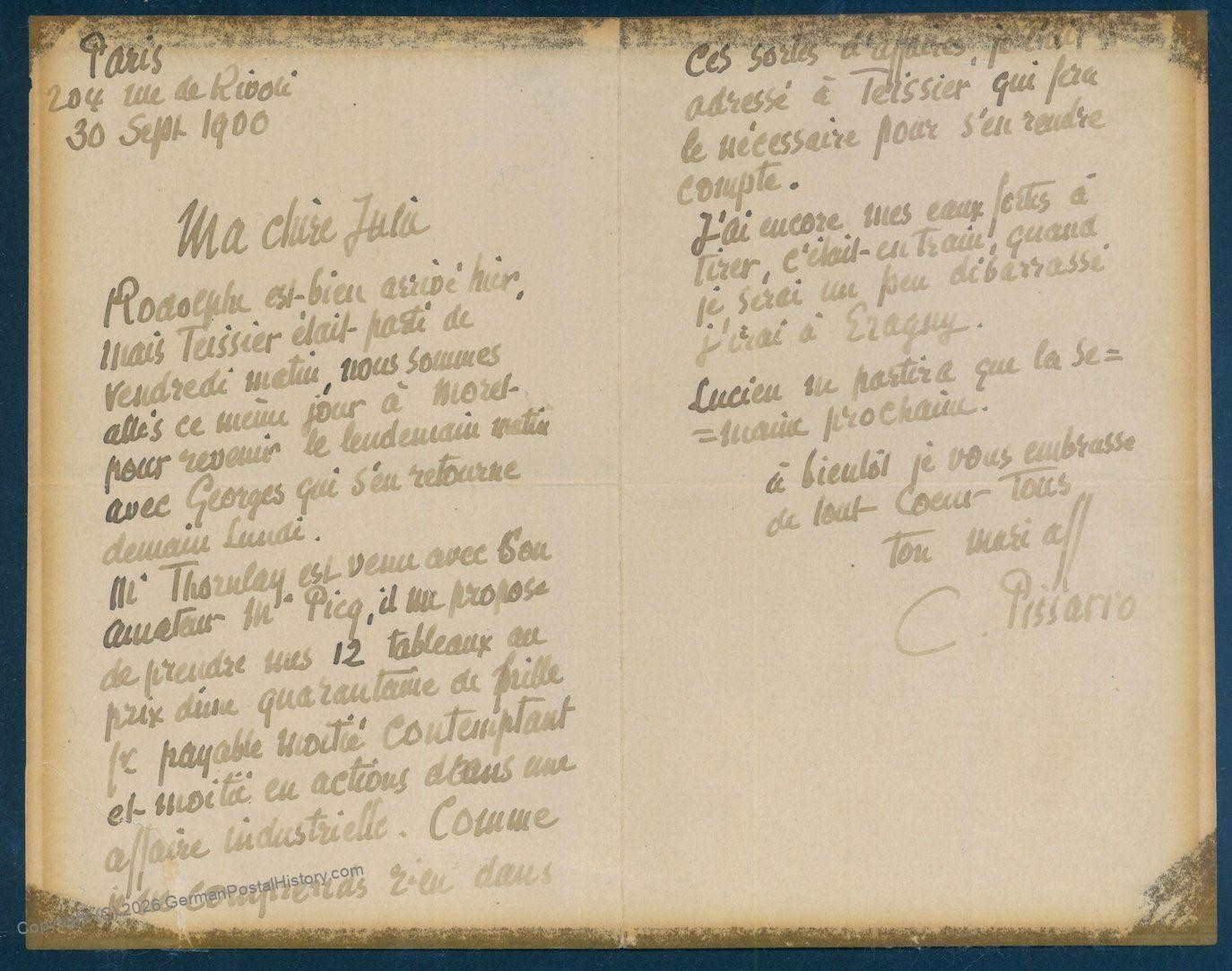 Camille Pissaro Impressionist Painter Autograph Letter Signed ALS To Wife 91760