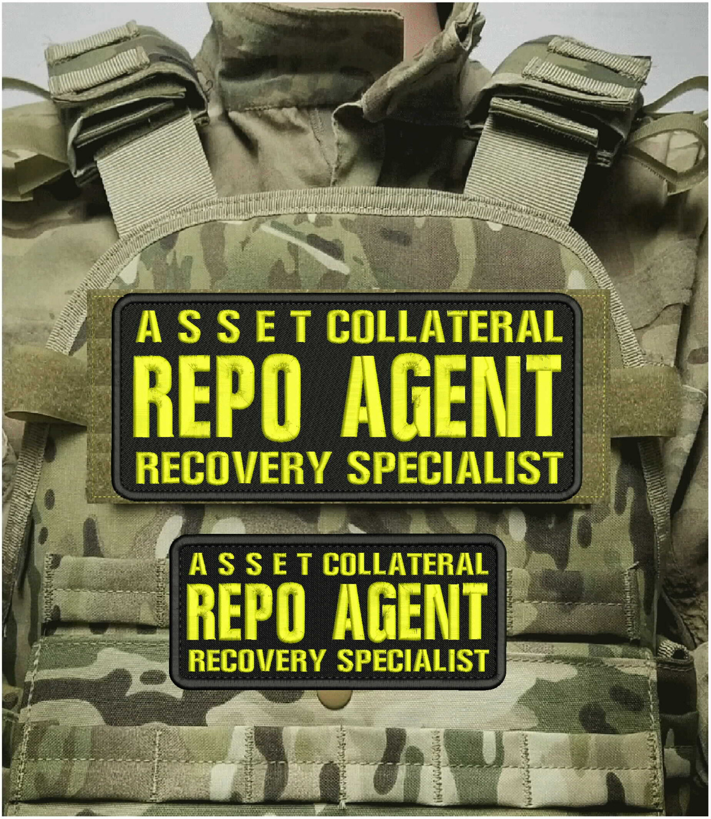 ASSET C REPO AGENT R S EMBROIDERY PATCH 4X10 & 3X7 HOOK ON BACK yellow on black ASSET C REPO AGENT R S EMBROIDERY PATCH 4X10 & 3X7 HOOK ON BACK yellow on black