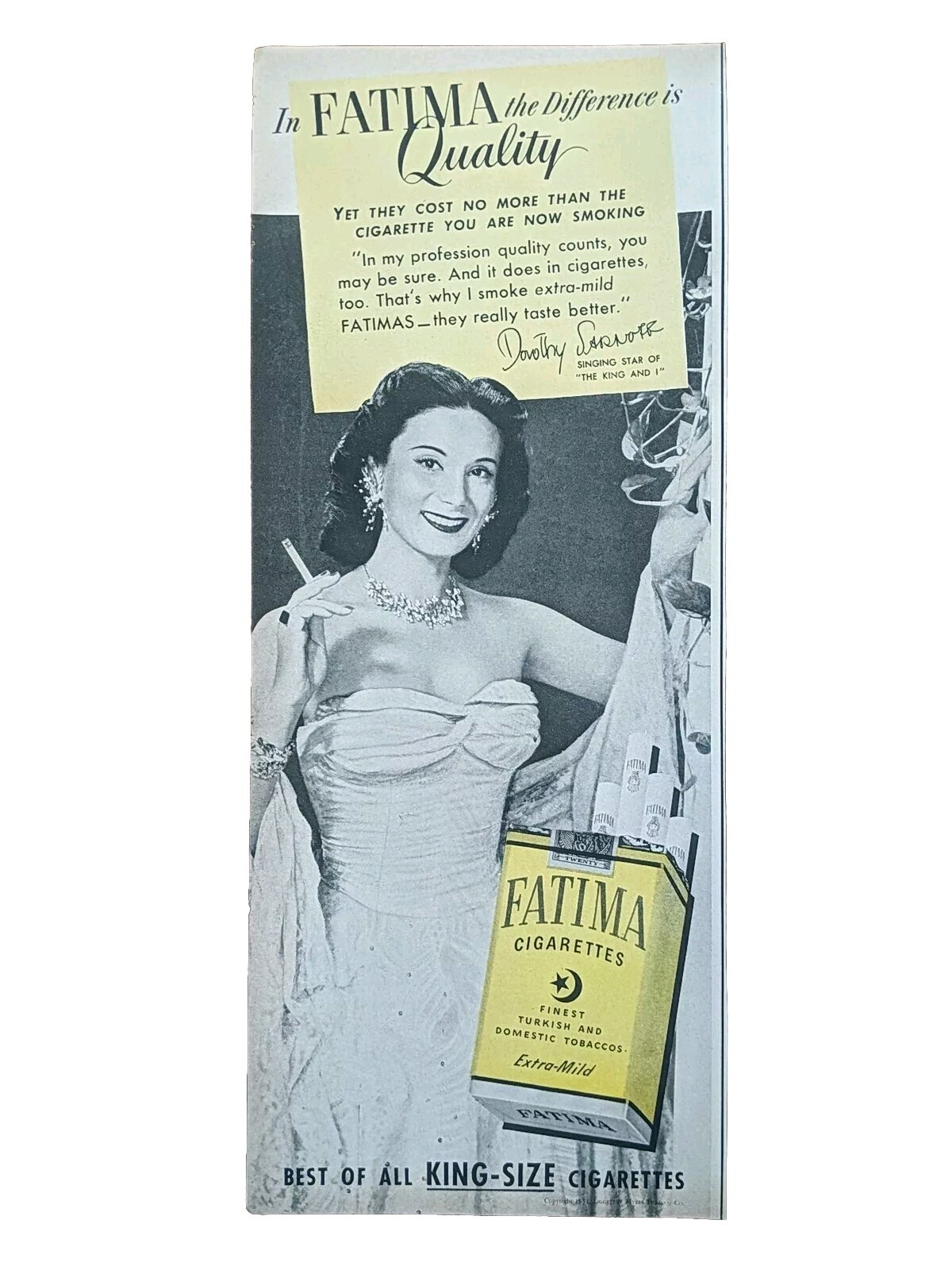 1951 Dorothy Sarnoff Fatima Cigarette Print Ad, Movie The King And I