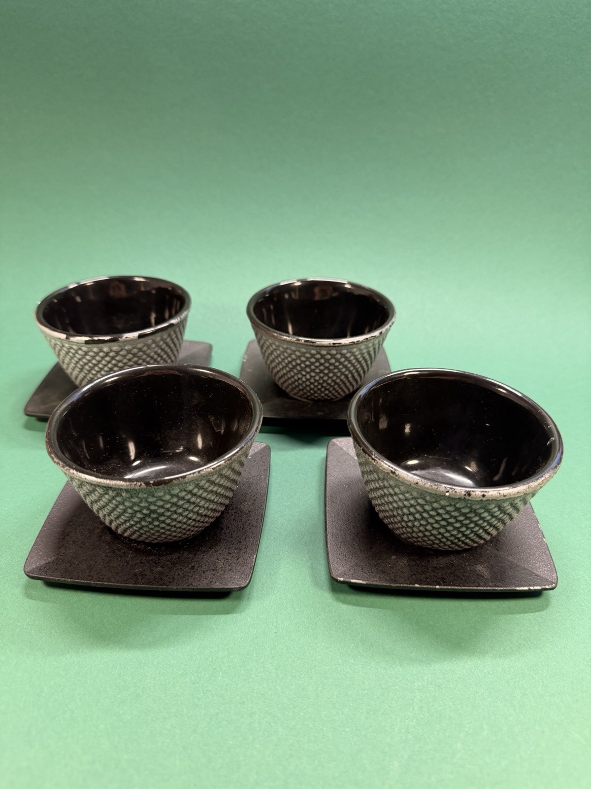 Japanese Cast Iron Teacup Set 4 Cups 4 Coasters IWACHU Hobnail Made in Japan