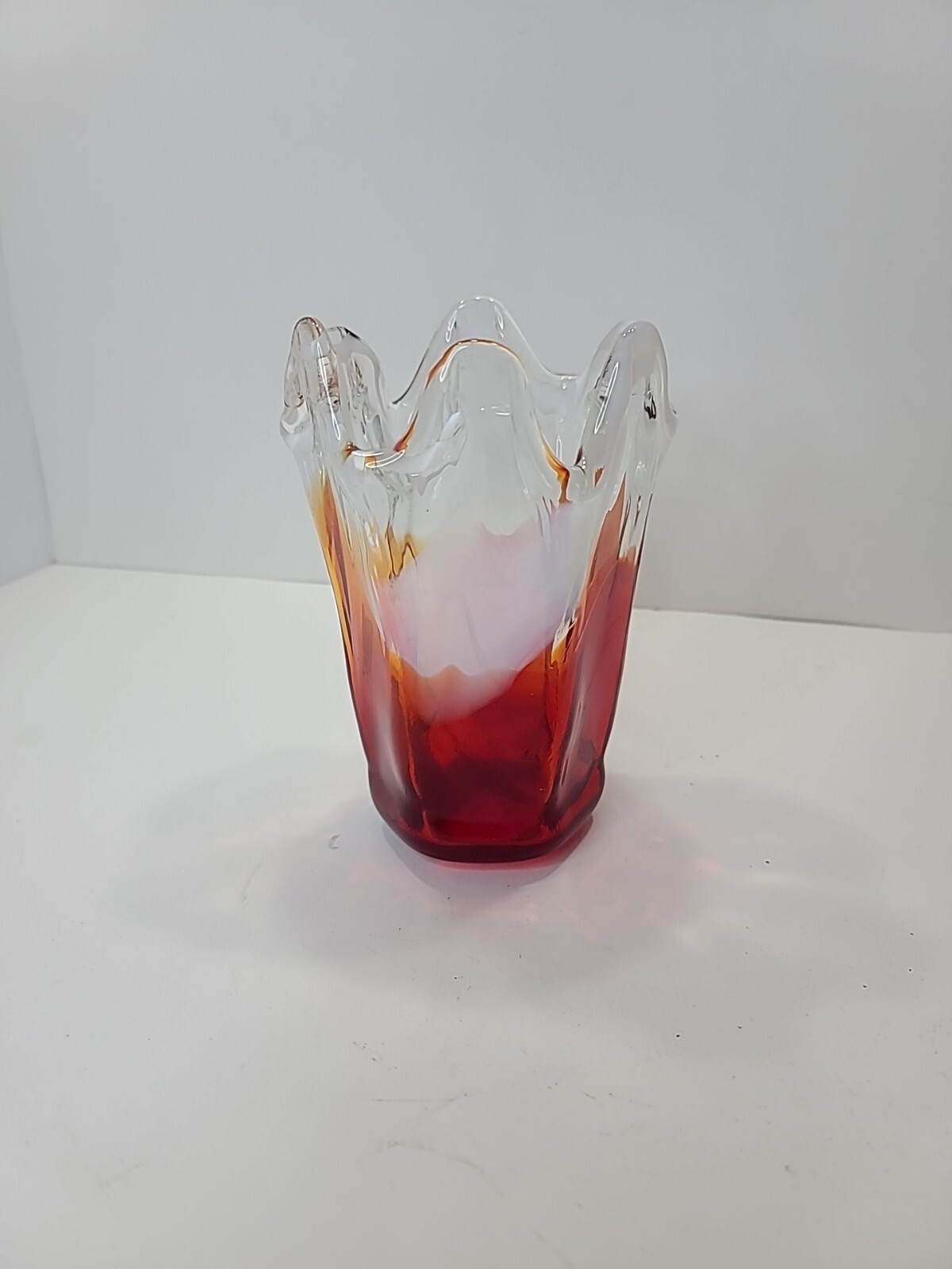 Vintage Handblown Orange, Red, Clear & White Glass Art Vase 6.75