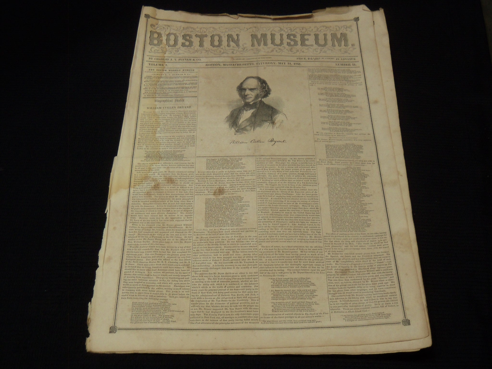 1851 MAY 31 THE BOSTON MUSEUM NEWSPAPER - WILLIAM CULLEN BRYANT - NP 9022
