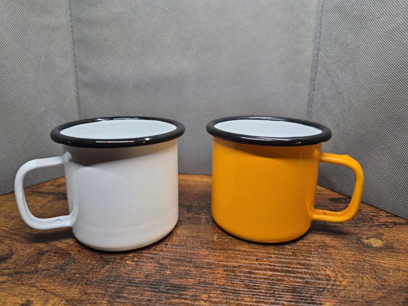 Vintage Farmhouse Enamelware White & Yellow W/Black Trim Cup Mug Pair