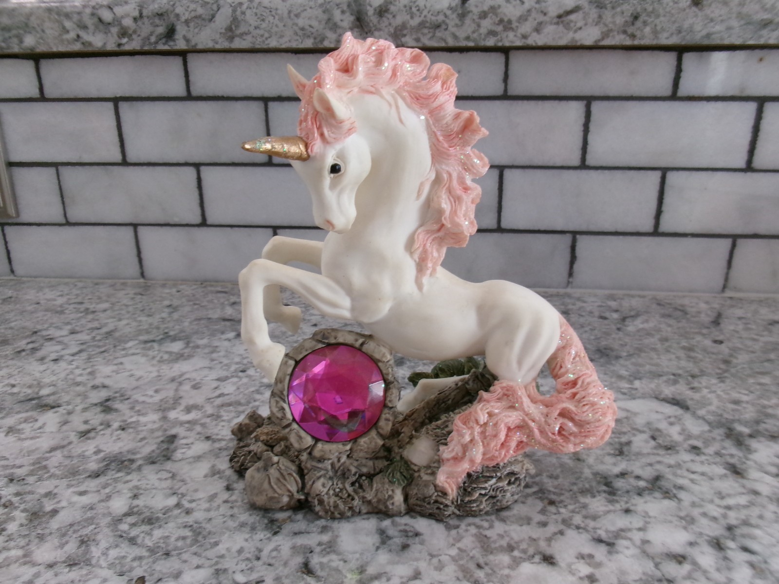 Vintage White/Pink Unicorn Statue/Figurine, Resin, Pink Rhinestone, 6.5\