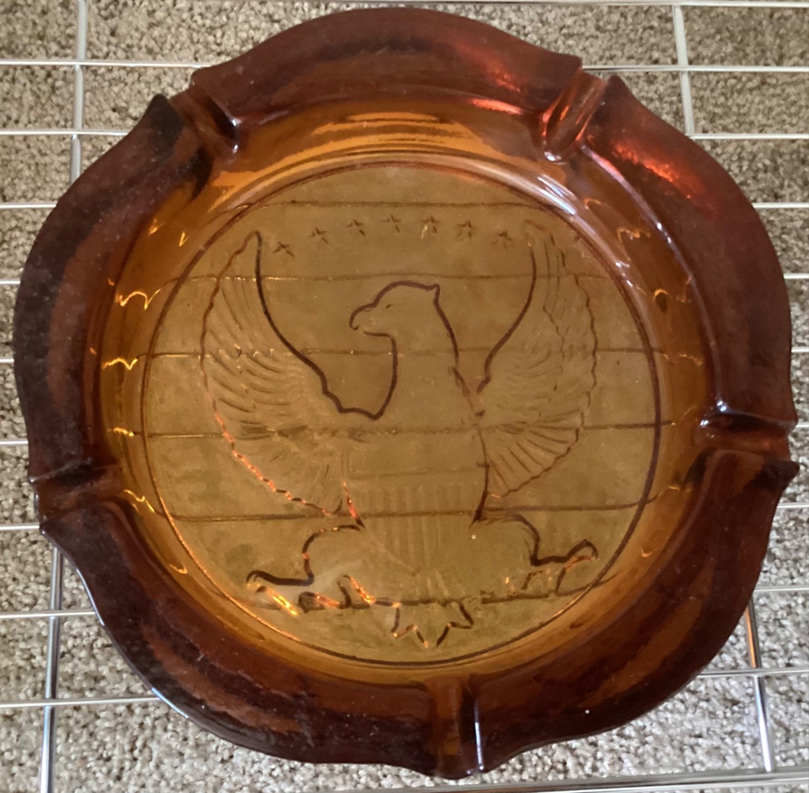 Vintage Amber Glass Ashtray American Eagle Large Round 10” - Heavy