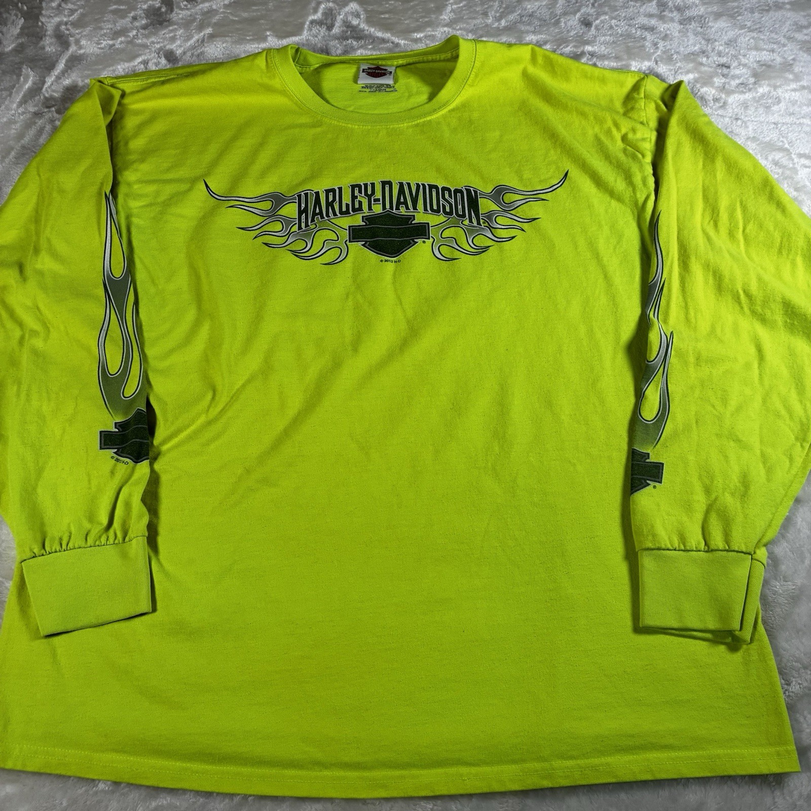 Harley Davidson 2012 Neon Yellow Long Sleeve Shirt XL Flames Frieze O’Fallon ILL