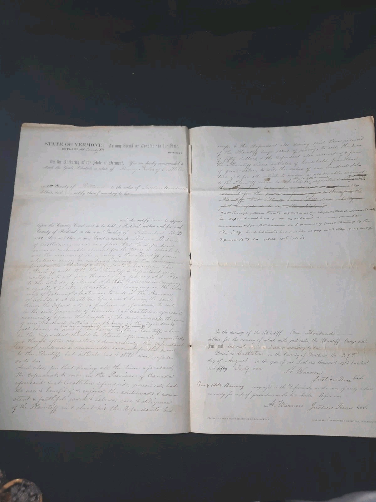 1861 Vermont Civil War Era Legal Writ Document Castleton Canada Business Fraud 1861 Vermont Civil War Era Legal Writ Document Castleton Canada Business Fraud