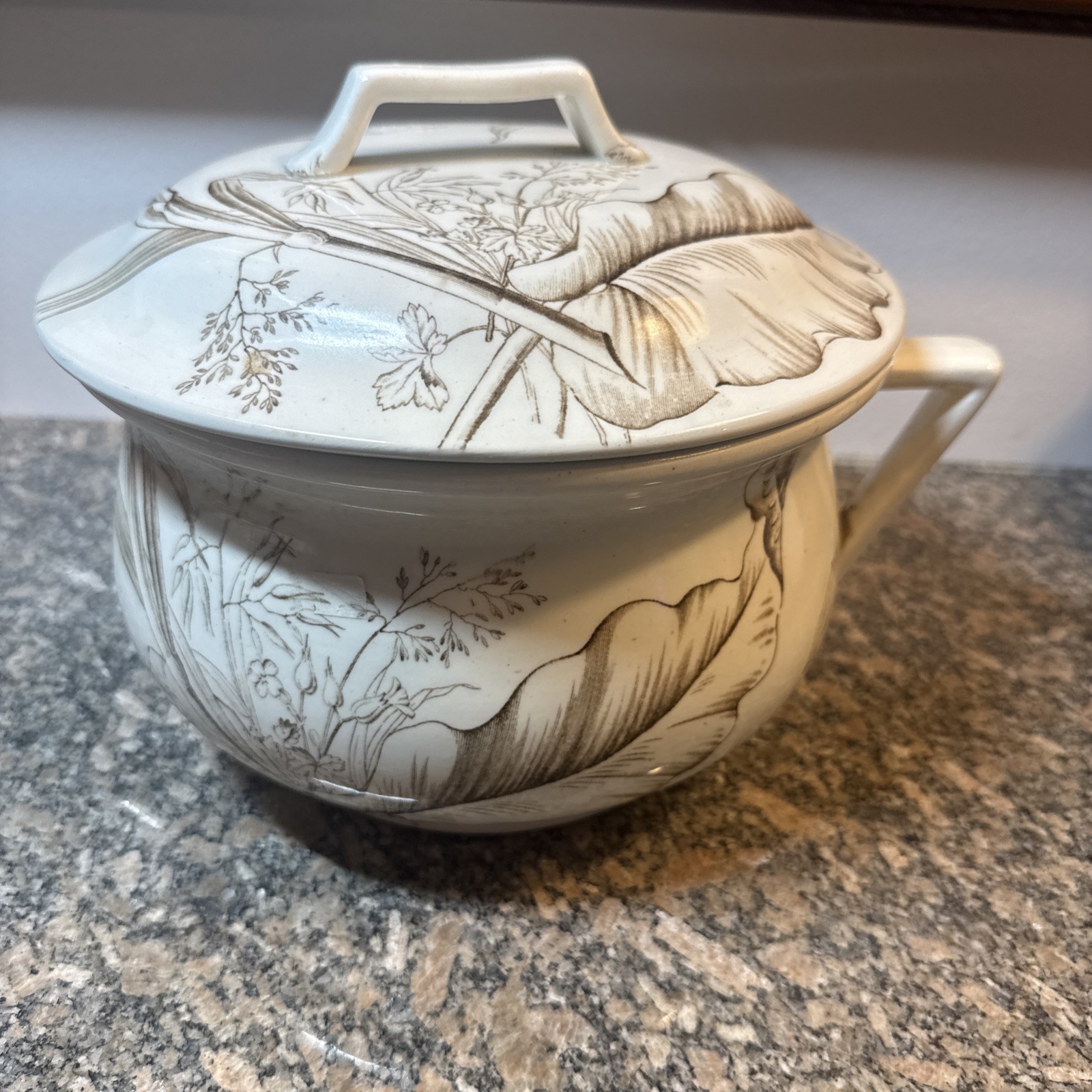Antique Chamber Pot Transferware Brown Flower Floral with Lid Antique Chamber Pot Transferware Brown Flower Floral with Lid