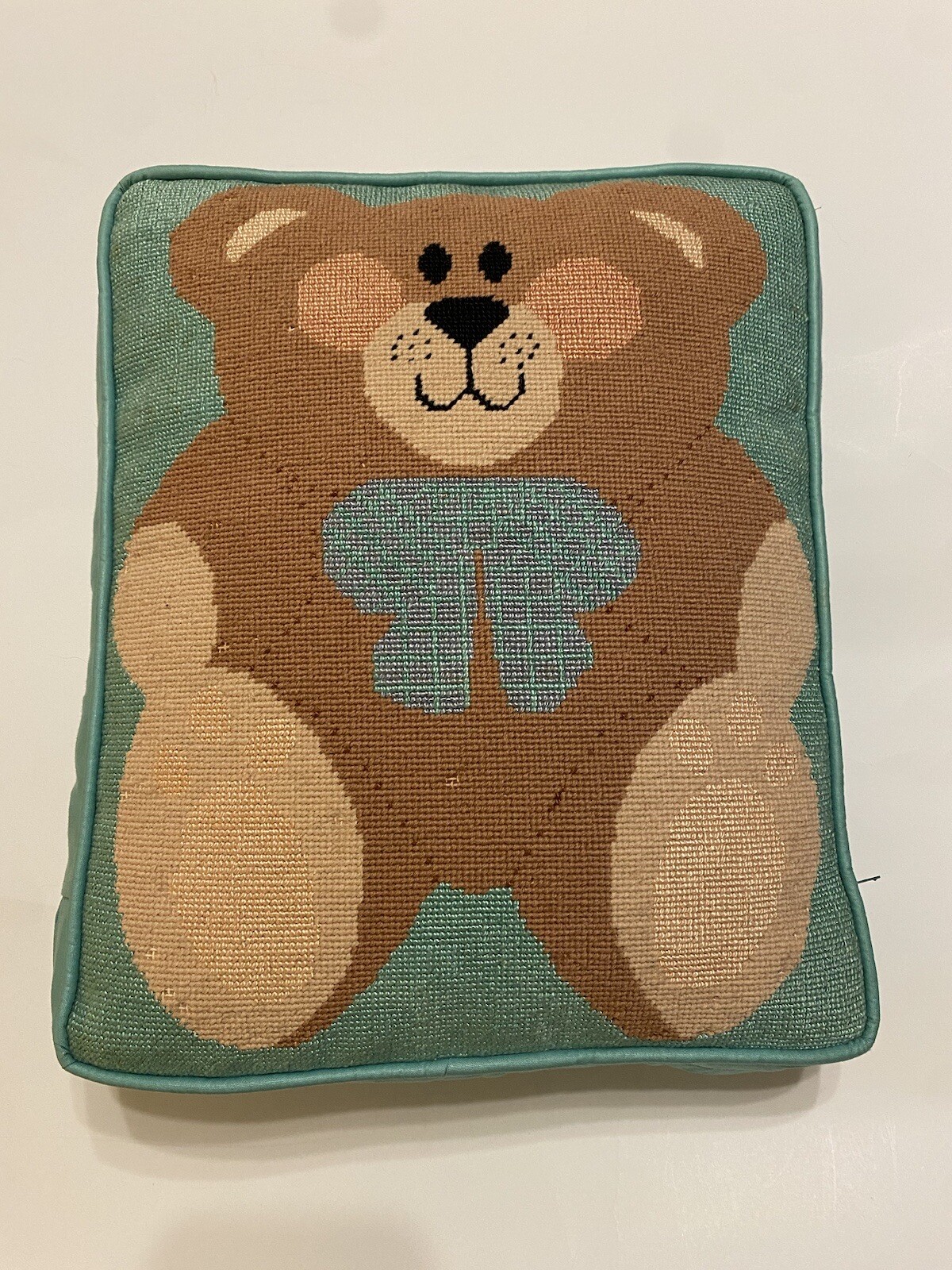 Vintage Needlepoint Teddy Bear Decorative Throw Pillow 11” x 13” aqua