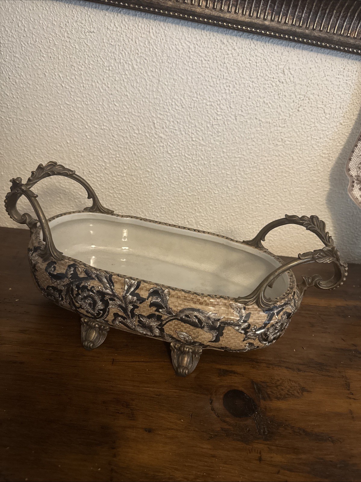 CASTILIAN Antique Porcelain & Brass Footed Centerpiece W/ Handles Hand Painted