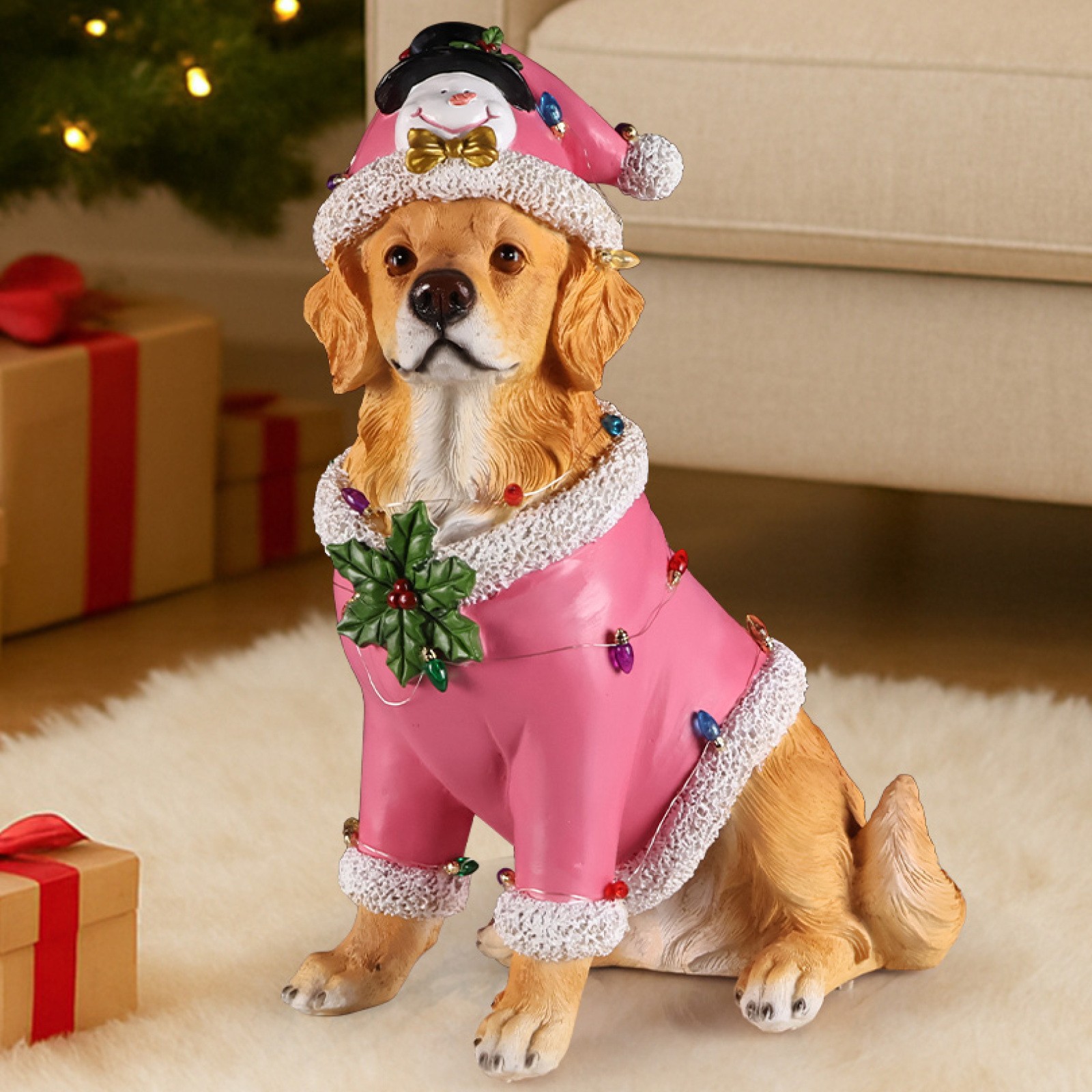 Golden Retriever Christmas Statue In Pink Santa Outfit Holiday Decor