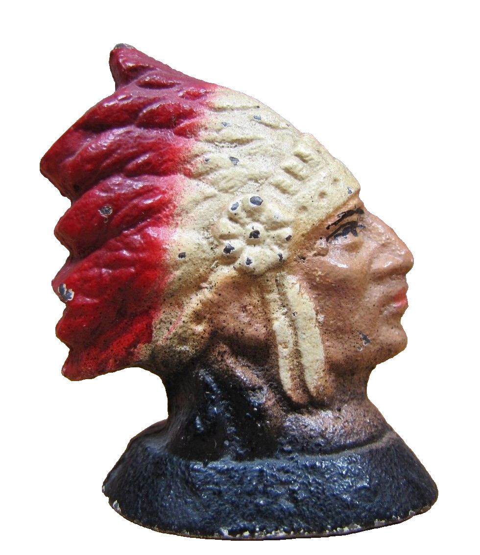 NATIVE AMERICAN INDIAN CHIEF Antique Cast Iron Pencil Holder Paperweight