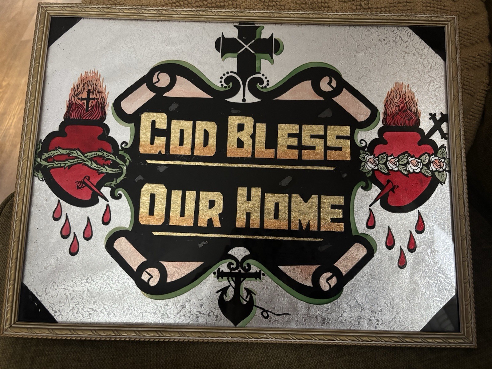 Vtg God Bless Our Home Foil Art 17x13 Sacred Heart Framed Under Glass Vtg God Bless Our Home Foil Art 17x13 Sacred Heart Framed Under Glass