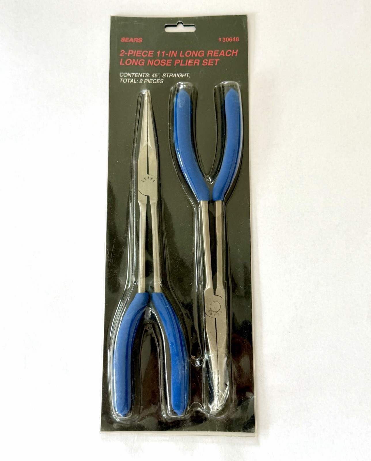 NOS Sears 2 Pc 11” Long Reach Long Nose Plier Set Straight & 45° Model 930648
