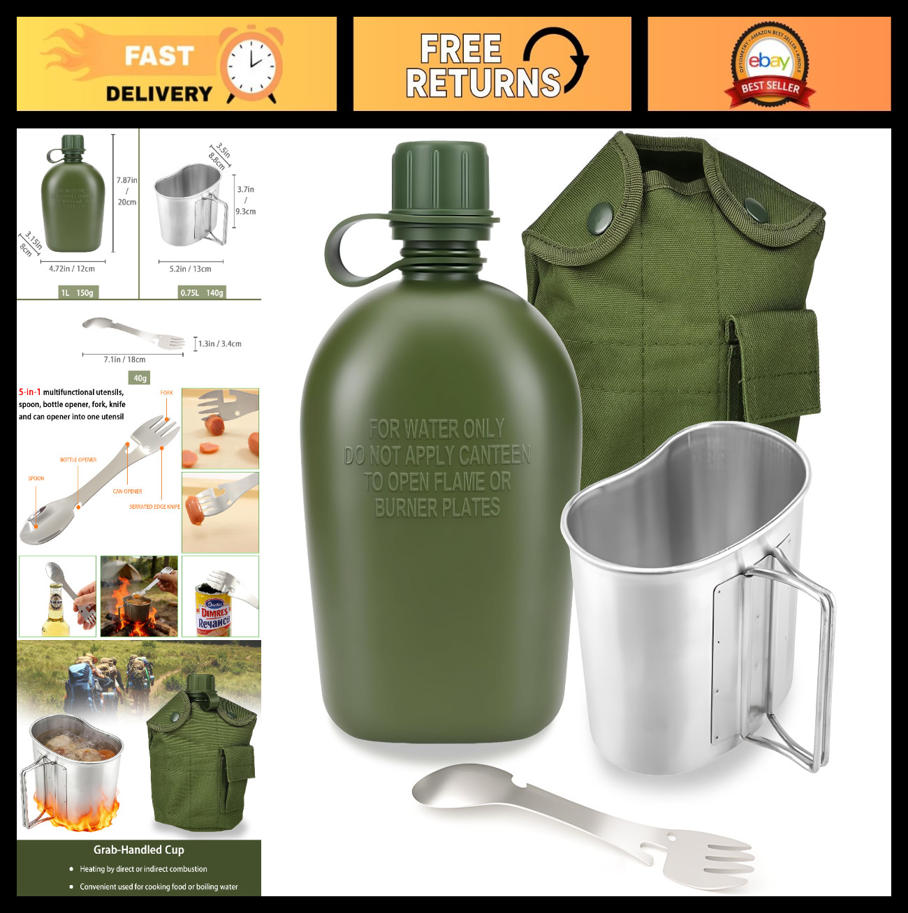Military Canteen Kit - WWII Style 1 Quart Water Bottle, Aluminum Cup, Spork & Co