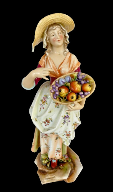 Rudolstadt Volkstedt Porcelain Figurine of a Young Lady Holding Basket w/Fruits