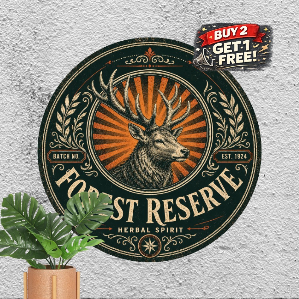 Rustic Deer Stag Head Whiskey Round Metal Tin Sign Saloon Bar Wall Decor